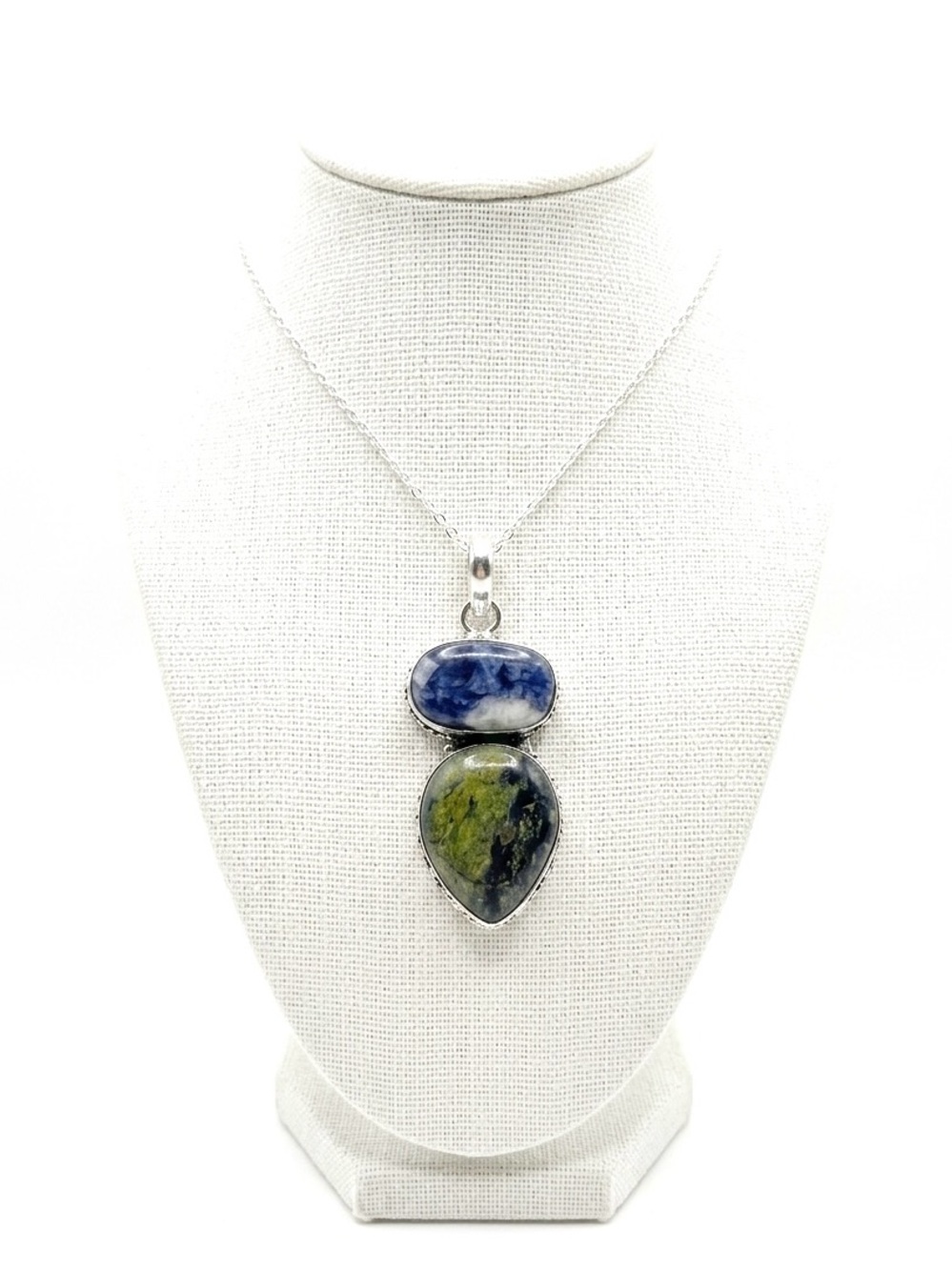New 925 Sterling Silver Kambamba Jasper Floral Artisan Double Pendant Necklace